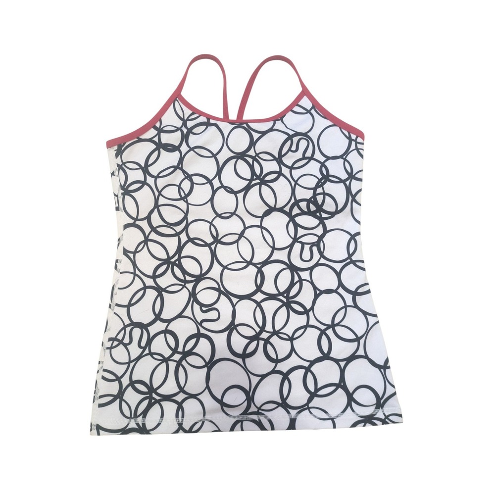 Lululemon Women's Circle Print Tank Top Pink‎ Trim Built-In Bra Size 6 Est.